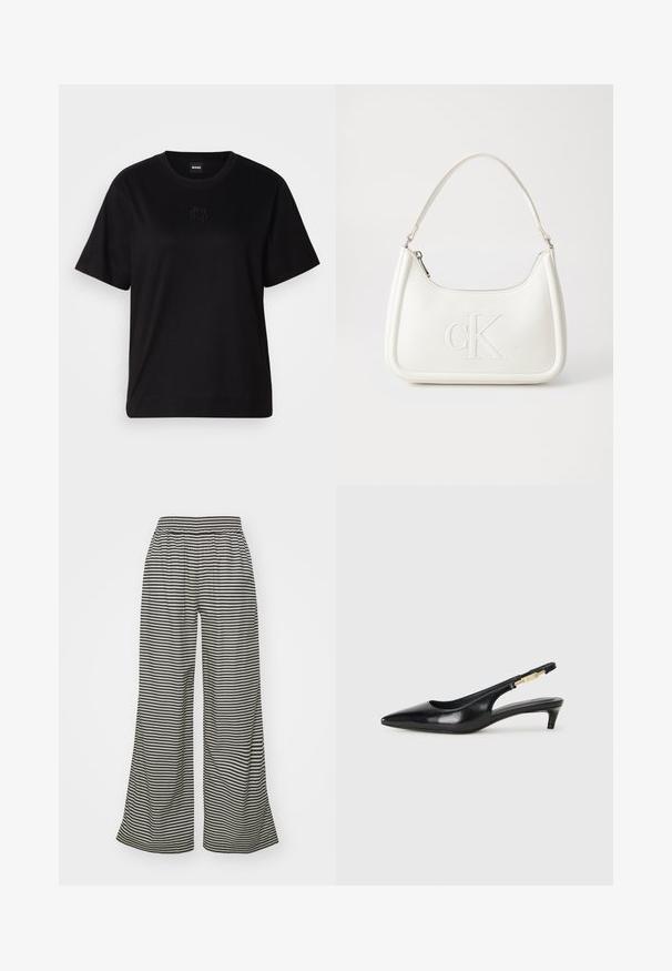 Melna kokvilnas T-krekls ar apaļu izgriezumu, īsām piedurknēm un izšūtu logotipu uz krūtīm. Vienkāršs, brīvs piegriezums bez rakstiem.; Mads Nørgaard COLIN SONIE PANTS - Auduma bikses - black; Melnas ādas slingback zābaki ar smailu purngalu, ar šauru papēdi un zelta krāsas akcentu uz regulējama siksniņas. Gluda tekstūra.; Balta ādas rokassoma ar noapaļotu formu, uz kuras priekšpuses ir izgriezts "CK" logo un viena plecu siksna. Augšā aizverama ar rāvējslēdzēju.
