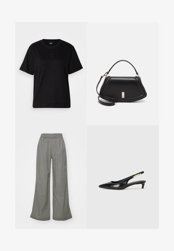 Black cotton t-shirt with a crew neckline, short sleeves, and an embroidered logo on the chest. Simple, relaxed fit with no patterns.; Mads Nørgaard COLIN SONIE PANTS - Trousers - black; Black leather slingback heels with a pointed toe, featuring a slim heel and a gold-tone accent on the adjustable strap. Smooth texture.; Black leather handbag with a structured design, featuring a cropped shape, top handle, and gold hardware accent. Adjustable shoulder strap included.