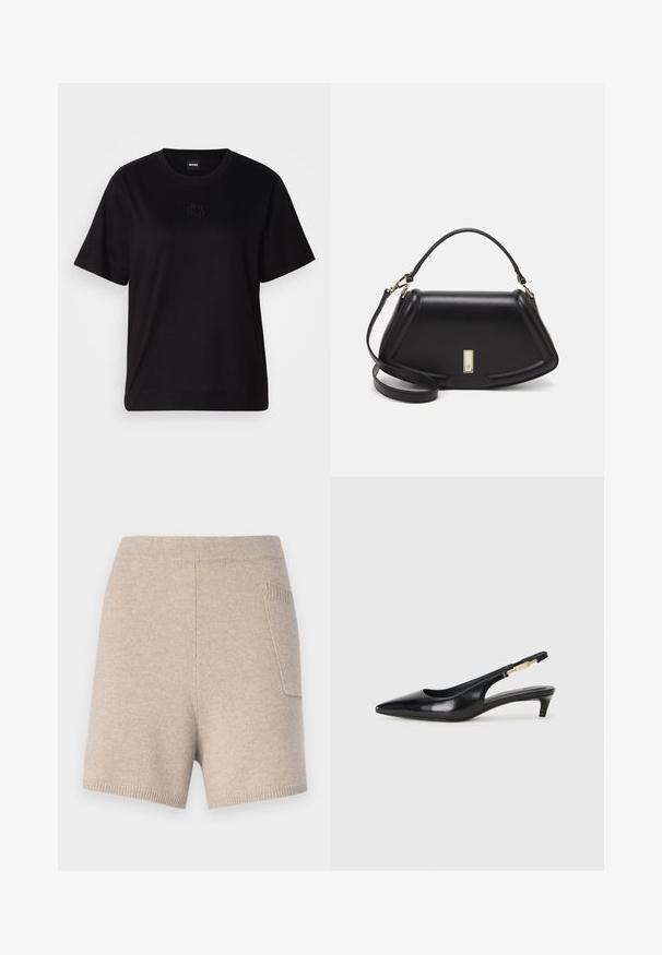 Black cotton t-shirt with a crew neckline, short sleeves, and an embroidered logo on the chest. Simple, relaxed fit with no patterns.; pure cashmere Shorts - camel; Black leather slingback heels with a pointed toe, featuring a slim heel and a gold-tone accent on the adjustable strap. Smooth texture.; Black leather handbag with a structured design, featuring a cropped shape, top handle, and gold hardware accent. Adjustable shoulder strap included.