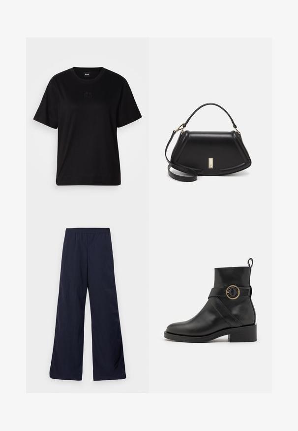 T-shirt en coton noir avec un col rond, des manches courtes et un logo brodé sur la poitrine. Coupe simple et décontractée sans motifs.; Pantalons évasés en bleu marine, fabriqués dans un matériau léger avec une texture lisse et une taille élastique pour plus de confort.; BOSS IRYNA BOOTIE - Bottines à plateau - black; Sac à main en cuir noir avec un design structuré, featuring une forme cropped, une poignée supérieure et des accents en matériel doré. Bandoulière réglable incluse.
