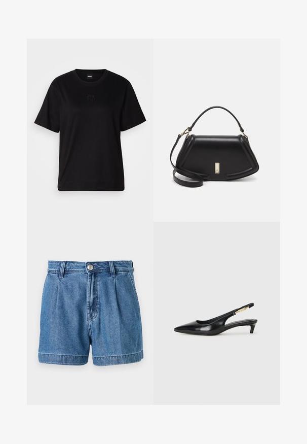 Μαύρο βαμβακερό μπλουζάκι με στρογγυλή λαιμόκοψη, κοντά μανίκια και κεντημένο λογότυπο στο στήθος. Απλή, χαλαρή γραμμή χωρίς σχέδια.; Τζιν σορτσάκια σε μπλε χρώμα, με ψηλή μέση, πτυχώσεις μπροστά και γυρισμένα μανίκια. Το ύφασμα έχει ελαφρώς υφή και τυπικό σχεδιασμό πέντε τσεπών.; Μαύρες δερμάτινες γόβες slingback με μυτερή μύτη, διαθέτοντας λεπτό τακούνι και χρυσή λεπτομέρεια στην ρυθμιζόμενη λωρίδα. Λείος υφές.; Μαύρη δερμάτινη τσάντα με δομημένο σχέδιο, που διαθέτει κομμένο σχήμα, επάνω λαβή και χρυσά μεταλλικά στοιχεία. Περιλαμβάνει ρυθμιζόμενο λουρί ώμου.