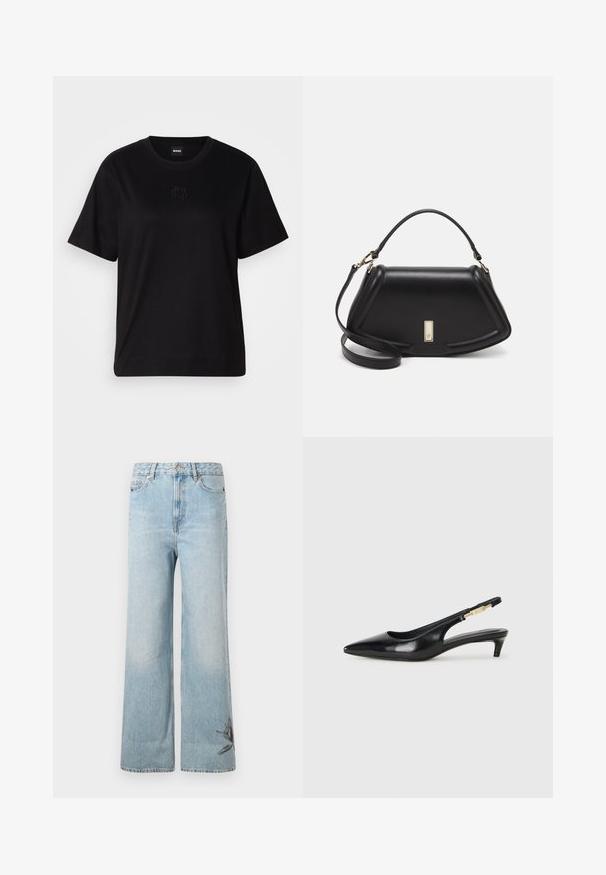 Black cotton t-shirt with a crew neckline, short sleeves, and an embroidered logo on the chest. Simple, relaxed fit with no patterns.; Light blue wide-leg jeans made of denim, featuring a faded texture and floral embroidery detail on the lower left leg.; Black leather slingback heels with a pointed toe, featuring a slim heel and a gold-tone accent on the adjustable strap. Smooth texture.; Black leather handbag with a structured design, featuring a cropped shape, top handle, and gold hardware accent. Adjustable shoulder strap included.
