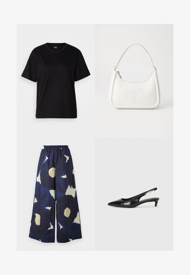 Melna kokvilnas T-krekls ar apaļu izgriezumu, īsām piedurknēm un izšūtu logotipu uz krūtīm. Vienkāršs, brīvs piegriezums bez rakstiem.; Zili un krēmkrāsas rakstainas plaša griezuma bikses ar elastīgu jostu. Materiāls šķiet viegls un ar tekstūru. Visā bikses ir neregulāras formas.; Melnas ādas slingback zābaki ar smailu purngalu, ar šauru papēdi un zelta krāsas akcentu uz regulējama siksniņas. Gluda tekstūra.; Balta ādas rokassoma ar noapaļotu formu, uz kuras priekšpuses ir izgriezts "CK" logo un viena plecu siksna. Augšā aizverama ar rāvējslēdzēju.