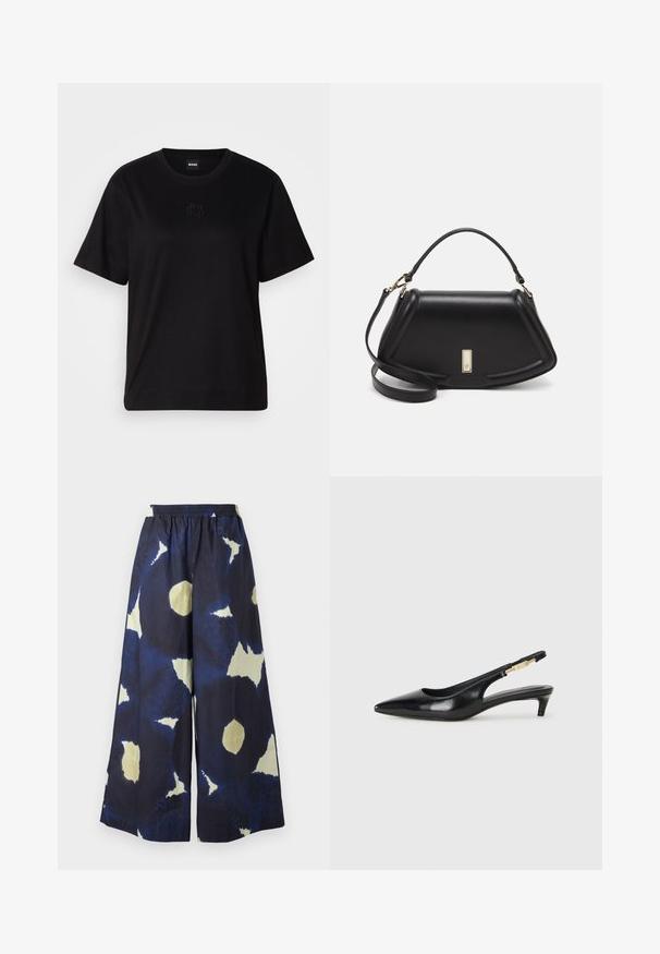 Black cotton t-shirt with a crew neckline, short sleeves, and an embroidered logo on the chest. Simple, relaxed fit with no patterns.; Blue and cream patterned wide-leg pants with an elastic waistband. Material appears lightweight and textured. Features irregular shapes throughout.; Black leather slingback heels with a pointed toe, featuring a slim heel and a gold-tone accent on the adjustable strap. Smooth texture.; Black leather handbag with a structured design, featuring a cropped shape, top handle, and gold hardware accent. Adjustable shoulder strap included.