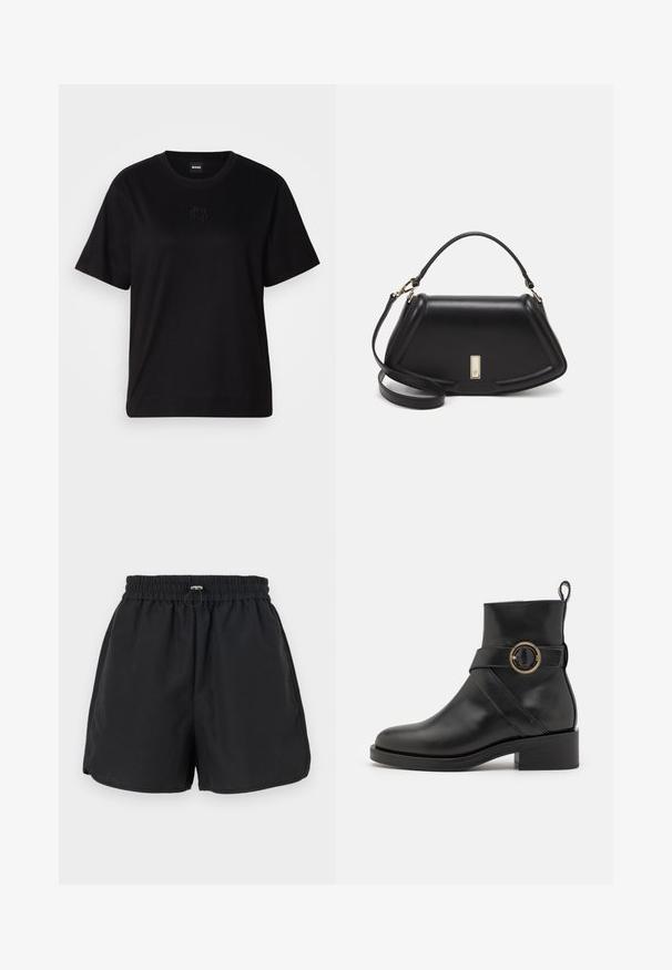 Black cotton t-shirt with a crew neckline, short sleeves, and an embroidered logo on the chest. Simple, relaxed fit with no patterns.; Black shorts with an elastic waistband, drawstring detail, and side slits. Made from lightweight fabric, offering a relaxed fit.; BOSS IRYNA BOOTIE - Platform ankle boots - black; Black leather handbag with a structured design, featuring a cropped shape, top handle, and gold hardware accent. Adjustable shoulder strap included.