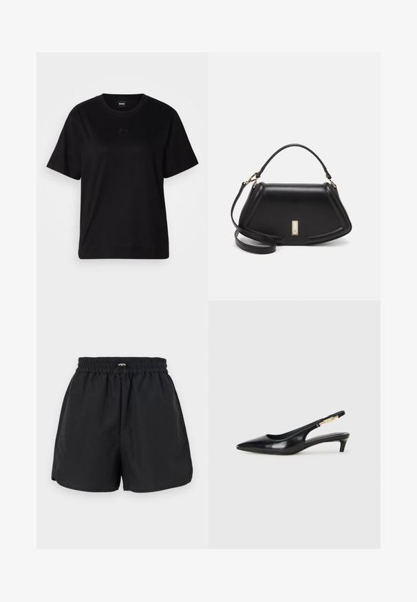 Črna bombažna majica s krožnim izrezom, kratkimi rokavi in izvezenim logotipom na prsih. Preprosta, sproščena silhueta brez vzorcev.; Črne kratke hlače z elastičnim pasom, podrobnostjo v obliki vrvice in stranskimi razporki. Narejene iz lahkega materiala, ki ponuja sproščen kroj.; Črne usnjene sandale na peto z ostro konico, ki imajo tanko peto in zlat ton na nastavljivem traku. Gladka tekstura.; Črna usnjena torbica s strukturnim dizajnom, ki ima skrajšano obliko, zgornji ročaj in zlate dodatke. Vključena je nastavljiva ramenska naramnica.