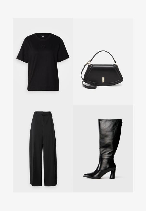 Svart bomullströja med rund halsringning, korta ärmar och en broderad logotyp på bröstet. Enkel, avslappnad passform utan mönster.; Svarta vida byxor med hög midja och bälte. Har en mjuk textur och rena linjer, designade för en avslappnad passform.; Knä-höga svarta läderstövlar med spetsig tå, slät yta och kraftig klack. Har en dragkedjedetalj på baksidan.; Svart läderhandväska med en strukturerad design, som har en avskuren form, ett handtag upptill och guldiga detaljer. Justerbar axelrem ingår.