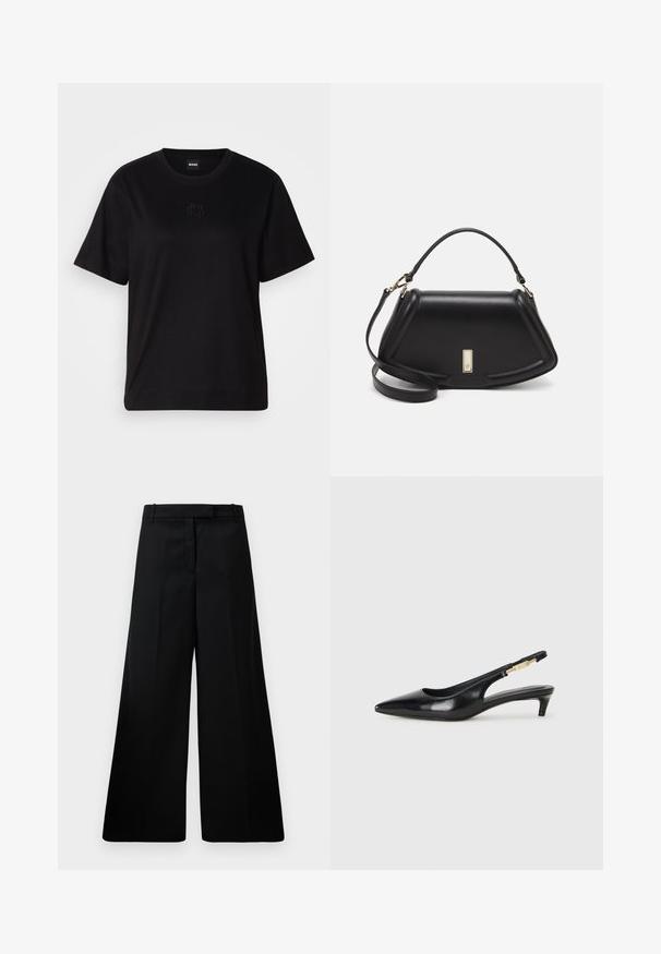 Black cotton t-shirt with a crew neckline, short sleeves, and an embroidered logo on the chest. Simple, relaxed fit with no patterns.; Black wide-leg trousers made of smooth fabric, featuring a high waist, two front pockets, and a clean-cut design. Plain texture with no patterns.; Black leather slingback heels with a pointed toe, featuring a slim heel and a gold-tone accent on the adjustable strap. Smooth texture.; Black leather handbag with a structured design, featuring a cropped shape, top handle, and gold hardware accent. Adjustable shoulder strap included.