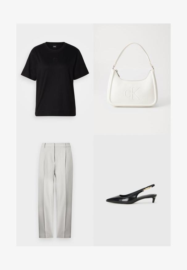 Zwarte katoenen t-shirt met een ronde hals, korte mouwen en een geborduurd logo op de borst. Eenvoudige, comfortabele pasvorm zonder patronen.; Lichtgrijze op maat gemaakte broek met een rechte pijp, voorplooien en een gladde textuur. Geen zichtbare zakken of versieringen.; Zwarte leren slingback hakken met een spitse neus, voorzien van een slanke hak en een goudkleurige accent op de verstelbare band. Gladde textuur.; Witte lederen handtas met een gebogen vorm, voorzien van een reliëf "CK" logo aan de voorkant en een enkele schouderriem. Ritsluiting aan de bovenkant.