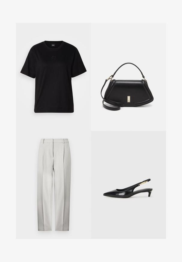 Black cotton t-shirt with a crew neckline, short sleeves, and an embroidered logo on the chest. Simple, relaxed fit with no patterns.; Light grey tailored trousers with a straight cut, featuring front pleats, belt loops, and a smooth textured fabric.; Black leather slingback heels with a pointed toe, featuring a slim heel and a gold-tone accent on the adjustable strap. Smooth texture.; Black leather handbag with a structured design, featuring a cropped shape, top handle, and gold hardware accent. Adjustable shoulder strap included.