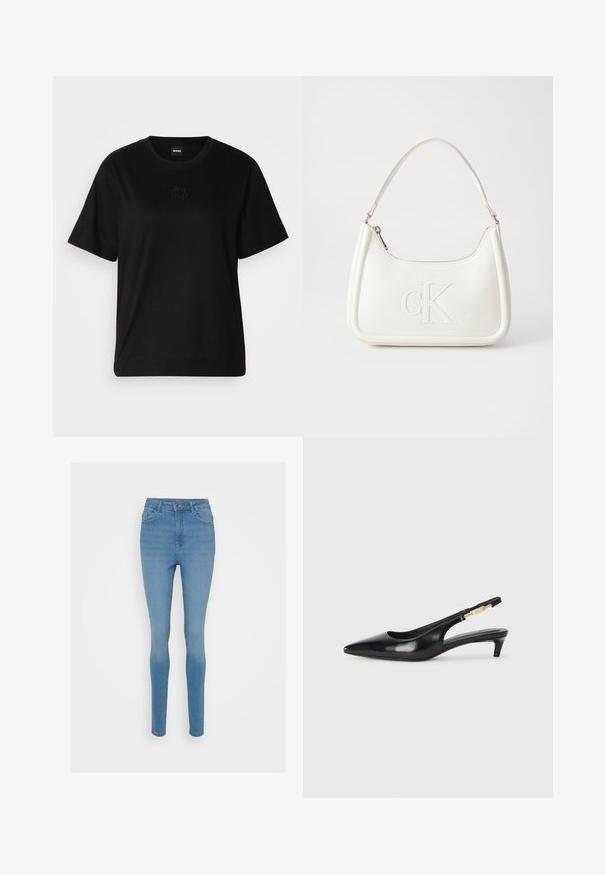 Μαύρο βαμβακερό μπλουζάκι με στρογγυλή λαιμόκοψη, κοντά μανίκια και κεντημένο λογότυπο στο στήθος. Απλή, χαλαρή γραμμή χωρίς σχέδια.; Λεπτά μπλε τζιν παντελόνια με ψηλή μέση, μπροστινές τσέπες και κλείσιμο με φερμουάρ. Διαθέτουν ελαφριά φθορά και ραφές κατά μήκος των ραφών.; Μαύρες δερμάτινες γόβες slingback με μυτερή μύτη, διαθέτοντας λεπτό τακούνι και χρυσή λεπτομέρεια στην ρυθμιζόμενη λωρίδα. Λείος υφές.; Λευκή δερμάτινη τσάντα χειρός με καμπυλωτό σχήμα, διαθέτει ανάγλυφο λογότυπο "CK" μπροστά και μία ενιαία λαβή ώμου. Κλείσιμο με φερμουάρ στην κορυφή.