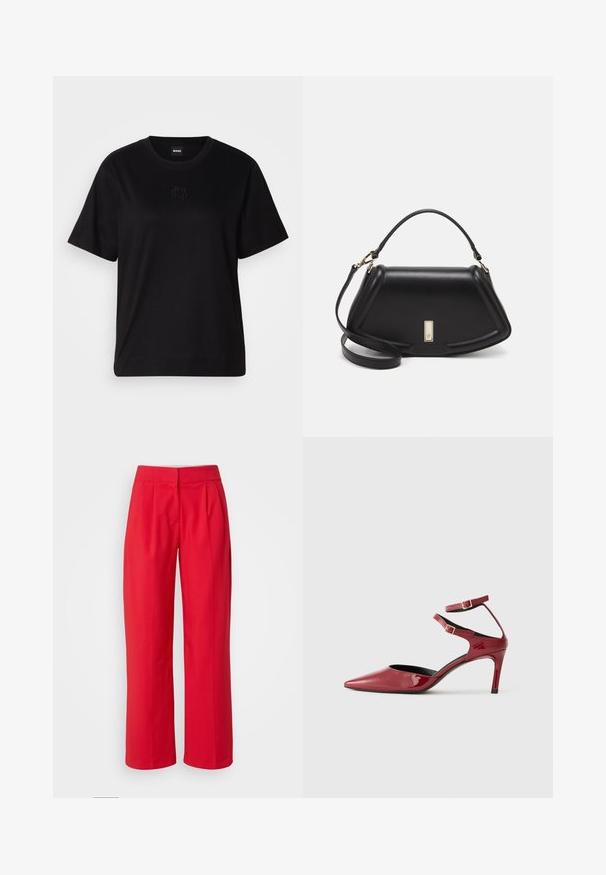Black cotton t-shirt with a crew neckline, short sleeves, and an embroidered logo on the chest. Simple, relaxed fit with no patterns.; Red, wide-leg trousers with a smooth texture, featuring front pleats and a flat waistband. No visible pockets or hardware details.; Glossy red pointed-toe high heel shoe with two ankle straps and gold buckles, shown in profile on a plain white background.; Black leather handbag with a structured design, featuring a cropped shape, top handle, and gold hardware accent. Adjustable shoulder strap included.