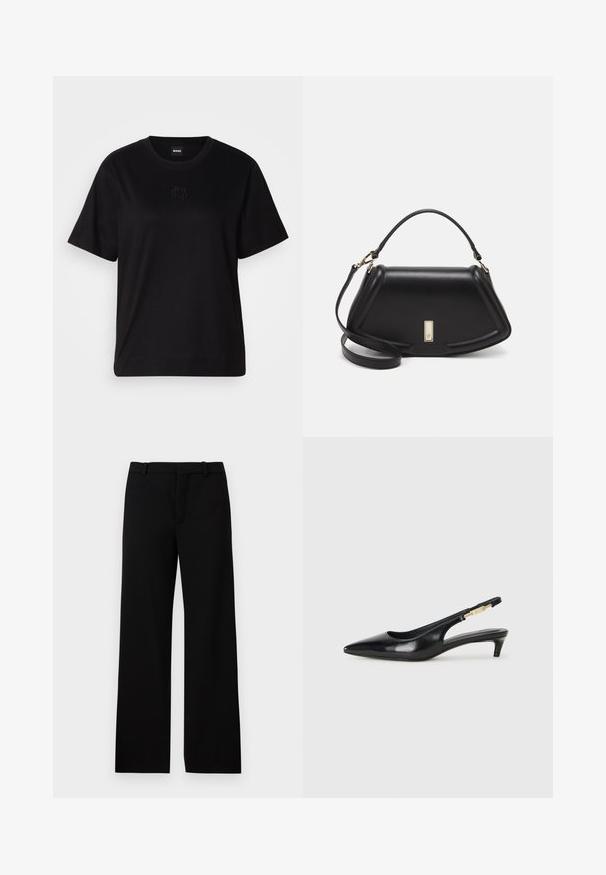 Black cotton t-shirt with a crew neckline, short sleeves, and an embroidered logo on the chest. Simple, relaxed fit with no patterns.; Black wide-leg trousers made from a smooth fabric, featuring a high waist, belt loops, and a clean front crease for a tailored look.; Black leather slingback heels with a pointed toe, featuring a slim heel and a gold-tone accent on the adjustable strap. Smooth texture.; Black leather handbag with a structured design, featuring a cropped shape, top handle, and gold hardware accent. Adjustable shoulder strap included.