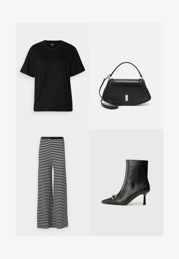 Camiseta de algodón negra con cuello redondo, mangas cortas y un logo bordado en el pecho. Ajuste simple y relajado sin patrones.; Pantalones de pierna ancha a rayas blancas y negras con una textura suave y una cintura elástica, que presentan un corte relajado y detalles de costura.; Botín negro de cuero hasta el tobillo con punta afilada, tacón delgado de altura media y detalle de hebilla plateada en el lateral, sobre un fondo liso.; Bolso de mano de cuero negro con un diseño estructurado, que presenta una forma recortada, asa superior y acentos en dorado. Correa de hombro ajustable incluida.