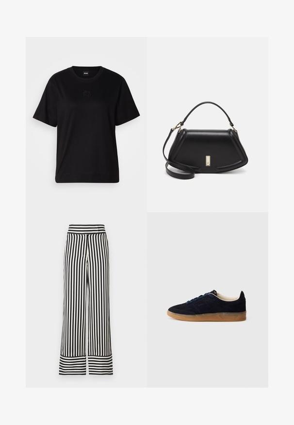 Svart bomullströja med rund halsringning, korta ärmar och en broderad logotyp på bröstet. Enkel, avslappnad passform utan mönster.; Vidbyxlade byxor i svart och vitt med vertikala ränder, med hög midja och kontrasterande randig fåll. Slät, lättviktsmaterial.; Mörkblå mockasneaker med sula av gummiliknande material, blåa snören och minimalistisk design. Har präglad logga på sidan och slät innerfoder.; Svart läderhandväska med en strukturerad design, som har en avskuren form, ett handtag upptill och guldiga detaljer. Justerbar axelrem ingår.