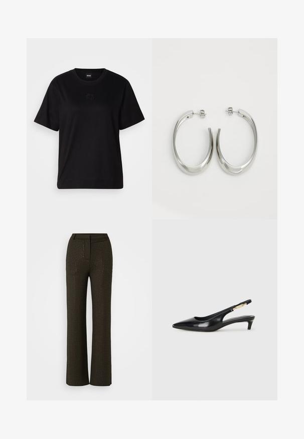 Camiseta de algodón negra con cuello redondo, mangas cortas y un logo bordado en el pecho. Ajuste simple y relajado sin patrones.; Pantalones de pierna ancha en marrón oscuro con un patrón texturizado de pequeños recortes. Presenta una cintura ajustada y un diseño sin costuras para una apariencia elegante.; Tacones negros de piel sintética tipo slingback con punta afilada, que cuentan con un tacón delgado y un detalle en tono dorado en la correa ajustable. Textura suave.; Pendientes de aro de plata con un diseño curvado y suave. Presentan un acabado metálico brillante y cierre de presión. Sin patrones ni acentos visibles.