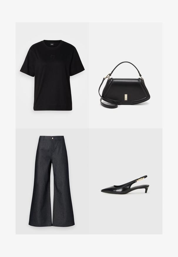 Svart bomullströja med rund halsringning, korta ärmar och en broderad logotyp på bröstet. Enkel, avslappnad passform utan mönster.; Mörka denimbyxor med vida ben och hög midja, med en framknappsstängning, bälteshällor och en slät textur. Rent design utan synliga mönster.; Svart läder slingback-hälar med spetsig tå, med en smal klack och en guldtonad detalj på den justerbara remmen. Slät textur.; Svart läderhandväska med en strukturerad design, som har en avskuren form, ett handtag upptill och guldiga detaljer. Justerbar axelrem ingår.