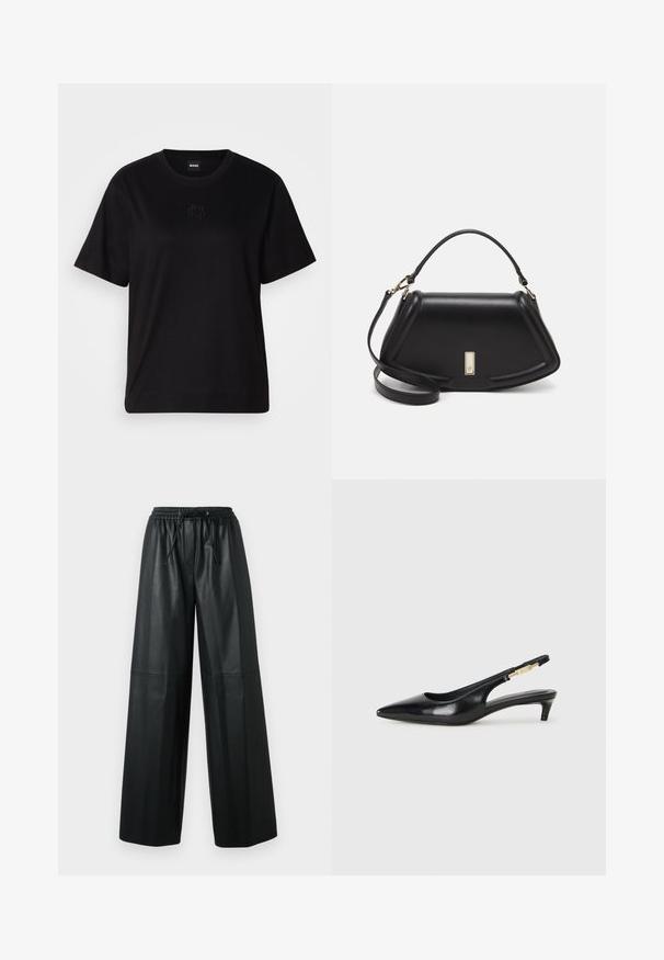 Svart bomullströja med rund halsringning, korta ärmar och en broderad logotyp på bröstet. Enkel, avslappnad passform utan mönster.; Svarta läderbyxor med vida ben, elastisk midja, snörningsdetalj och slät textur. Har sömdekorationer framme.; Svart läder slingback-hälar med spetsig tå, med en smal klack och en guldtonad detalj på den justerbara remmen. Slät textur.; Svart läderhandväska med en strukturerad design, som har en avskuren form, ett handtag upptill och guldiga detaljer. Justerbar axelrem ingår.