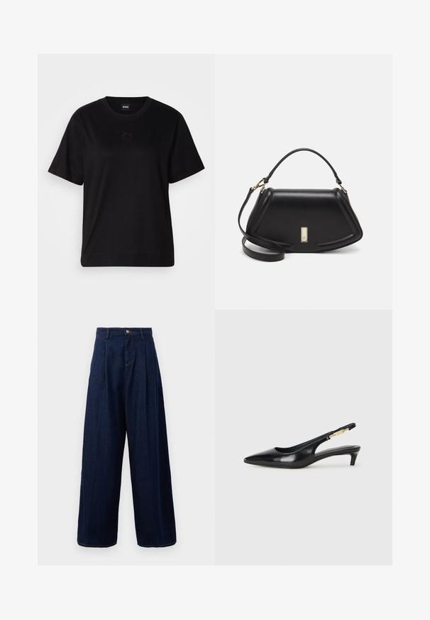 Crna pamučna majica s okruglim izrezom, kratkim rukavima i izvezenim logotipom na prsima. Jednostavan, opušten kroj bez uzorka.; Tamno plave široke traperice s visokom linijom struka, naboranim prednjim dijelom i klasičnim zatvaranjem na dugme, koje imaju bočne džepove i kontrastne šavove.; Crne kožne sandale s petom, s izduženim vrhom, imaju usku petu i zlatni akcent na podesivoj traci. Glatka tekstura.; Crna kožna torba s strukturiranim dizajnom, s krojenim oblikom, gornjom drškom i zlatnim detaljima. Uključena je podesiva ramena traka.