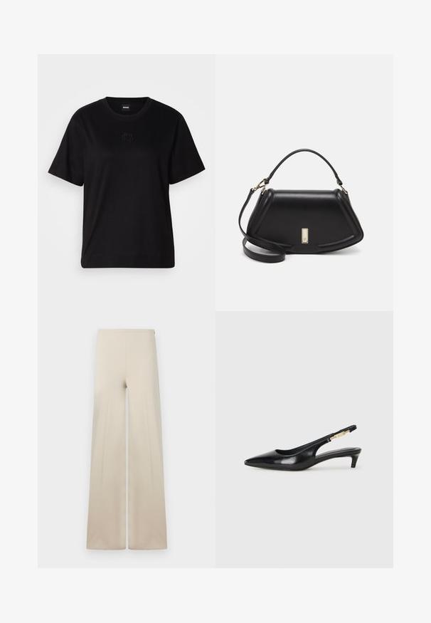 Czarny bawełniany t-shirt z okrągłym dekoltem, krótkimi rękawami i haftowanym logo na piersi. Prosty, luźny krój bez wzorów.; Beżowe spodnie wide-leg wykonane z miękkiej tkaniny o gładkiej fakturze. Posiadają wysoki elastyczny pas dla komfortu oraz czysty, minimalistyczny design.; Czarne skórzane szpilki typu slingback z ostrym noskiem, posiadające smukły obcas i złoty akcent na regulowanym pasku. Gładka tekstura.; Czarna skórzana torebka o strukturalnym designie, z przyciętą formą, górnym uchwytem i złotymi akcentami. W zestawie regulowany pasek na ramię.