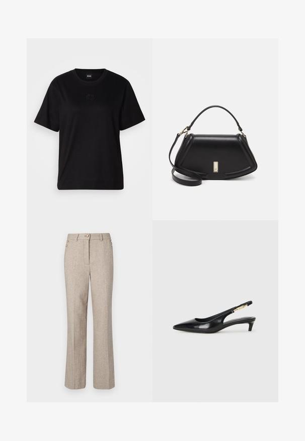Black cotton t-shirt with a crew neckline, short sleeves, and an embroidered logo on the chest. Simple, relaxed fit with no patterns.; Beige herringbone trousers with a straight leg, featuring two gold-button accents at the waist and a smooth, textured fabric.; Black leather slingback heels with a pointed toe, featuring a slim heel and a gold-tone accent on the adjustable strap. Smooth texture.; Black leather handbag with a structured design, featuring a cropped shape, top handle, and gold hardware accent. Adjustable shoulder strap included.