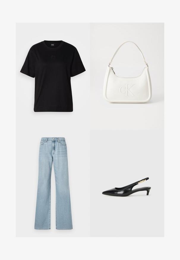 Melna kokvilnas T-krekls ar apaļu izgriezumu, īsām piedurknēm un izšūtu logotipu uz krūtīm. Vienkāršs, brīvs piegriezums bez rakstiem.; Gai zilu platā kāju džinsi, izgatavoti no denima, ar augstu jostasvietu, priekšējiem kabatām un vieglu izbalējumu visā audumā.; Melnas ādas slingback zābaki ar smailu purngalu, ar šauru papēdi un zelta krāsas akcentu uz regulējama siksniņas. Gluda tekstūra.; Balta ādas rokassoma ar noapaļotu formu, uz kuras priekšpuses ir izgriezts "CK" logo un viena plecu siksna. Augšā aizverama ar rāvējslēdzēju.