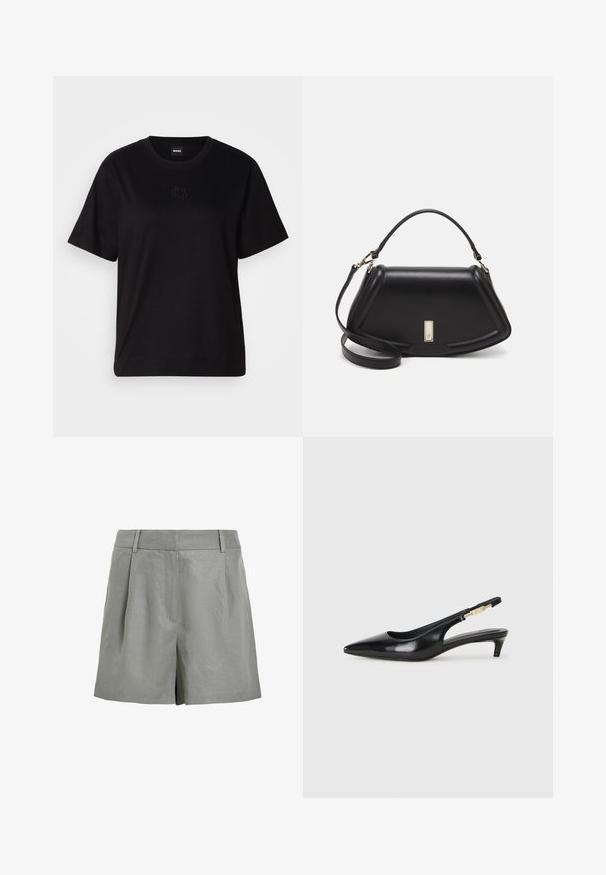 Zwarte katoenen t-shirt met een ronde hals, korte mouwen en een geborduurd logo op de borst. Eenvoudige, comfortabele pasvorm zonder patronen.; Lichtgrijze shorts van gestructureerde stof, met een vlakke voorkant, twee voorplooien en een middelhoge taille zonder zichtbare sluitingen.; Zwarte leren slingback hakken met een spitse neus, voorzien van een slanke hak en een goudkleurige accent op de verstelbare band. Gladde textuur.; Zwarte leren handtas met een gestructureerd ontwerp, featuring een verkorte vorm, bovenhandvat en gouden hardwareaccent. Inclusief verstelbare schouderband.