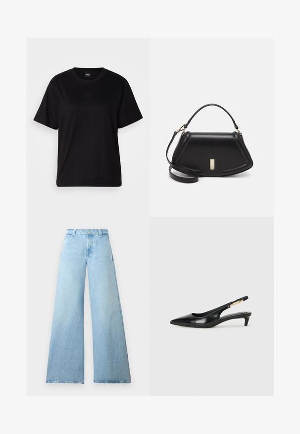 Mustmust särk, millel on ümar kaelus, lühikesed varrukad ja tindiga tikitud logo rinnal. Lihtne, mugav lõige ilma mustriteta.; Heledad sinise värvi laiad teksapüksid, mis on valmistatud denimist ja millel on kõrge vöökoht. Teksadel on nööpidega kinnitamine ja viis taskut. Sile tekstuur ja mugav siluett.; Mustad nahast slingback kontsad terava ninaga, millel on õhuke konts ja kuldse tooni aktsent reguleeritaval rihmal. Sile tekstuur.; Must mustrist käekott, millel on struktureeritud disain, lühendatud kuju, ülemine käepide ja kuldne metallist detail. Reguleeritav õlalihm on kaasas.