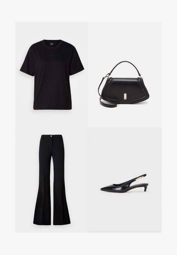 T-shirt negru din bumbac, cu guler rotund, mâneci scurte și un logo brodat pe piept. Design simplu, cu o croială relaxată și fără modele.; Pantaloni cu flared negri, confecționați dintr-un material neted, având închidere cu buton în față, bucle pentru curea și un design curat, croit.; Sandale slingback din piele neagră cu vârf ascuțit, având un toc subțire și un accent de culoare aurie pe curea ajustabilă. Textură netedă.; Geantă de umăr din piele neagră, cu un design structurat, având o formă tăiată, mânere superioare și accente din aur. Include o curea de umăr ajustabilă.