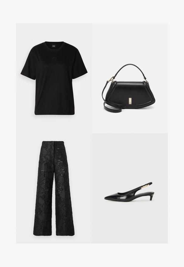 Maglietta in cotone nera con scollatura tonda, maniche corte e logo ricamato sul petto. Design semplice e vestibilità rilassata senza motivi.; Pantaloni neri a gamba larga realizzati in tessuto texturizzato con un motivo floreale. Presentano un ventre alto e una finitura liscia.; Tacchi slingback in pelle nera con punta affusolata, caratterizzati da un tacco alto e un accento dorato sulla cinghia regolabile. Texture liscia.; Borsa a mano in pelle nera con un design strutturato, caratterizzata da una forma corta, manico superiore e accessori in metallo dorato. Inclusa tracolla regolabile.