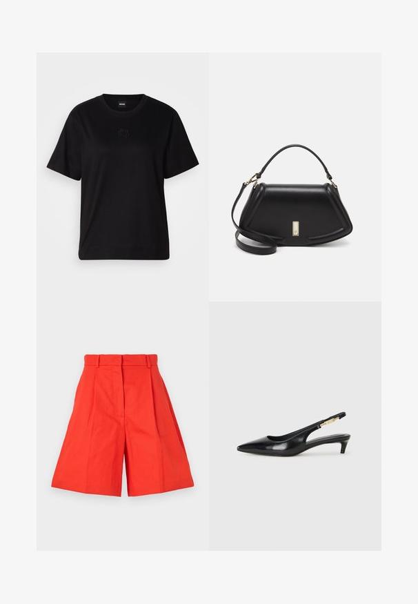T-shirt en coton noir avec un col rond, des manches courtes et un logo brodé sur la poitrine. Coupe simple et décontractée sans motifs.; Shorts en coton rouge à taille haute, avec des plis et une silhouette évasée. Texture lisse et lignes épurées. Sans poches ni embellissements.; Talons hauts en cuir noir avec un bout pointu, dotés d'un talon fin et d'un accent en ton or sur la lanière réglable. Texture lisse.; Sac à main en cuir noir avec un design structuré, featuring une forme cropped, une poignée supérieure et des accents en matériel doré. Bandoulière réglable incluse.