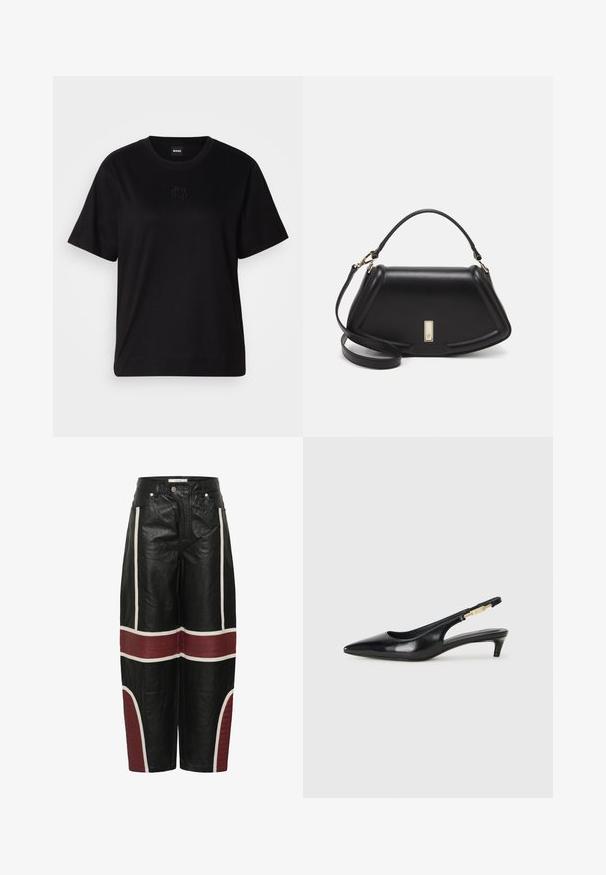 Mustmust särk, millel on ümar kaelus, lühikesed varrukad ja tindiga tikitud logo rinnal. Lihtne, mugav lõige ilma mustriteta.; Mustad laiad nahkpüksid valgete vertikaalsete triipudega ja horisontaalsete burboonpunaste tikitud paneelidega, mis asuvad põlvede kohal ja alajalgadel.; Mustad nahast slingback kontsad terava ninaga, millel on õhuke konts ja kuldse tooni aktsent reguleeritaval rihmal. Sile tekstuur.; Must mustrist käekott, millel on struktureeritud disain, lühendatud kuju, ülemine käepide ja kuldne metallist detail. Reguleeritav õlalihm on kaasas.