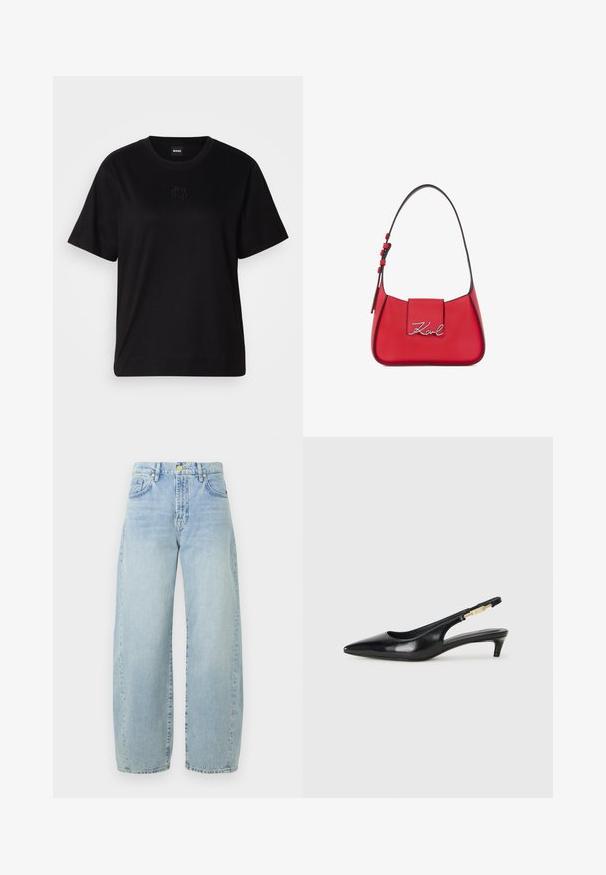 Melna kokvilnas T-krekls ar apaļu izgriezumu, īsām piedurknēm un izšūtu logotipu uz krūtīm. Vienkāršs, brīvs piegriezums bez rakstiem.; Gaiši zili džinsi ar platu kāju un augstu jostasvietu, ar nedaudz nolietojumu, piecām kabatām un zelta krāsas aparatūru. Apakšmala ir taisna un neapstrādāta.; Melnas ādas slingback zābaki ar smailu purngalu, ar šauru papēdi un zelta krāsas akcentu uz regulējama siksniņas. Gluda tekstūra.; Sarkana ādas rokassoma ar izliekumu, kurai ir atloka aizdare un sudraba logotipa akcenti. Regulējams siksniņa ar dekoratīvu aparatūru.