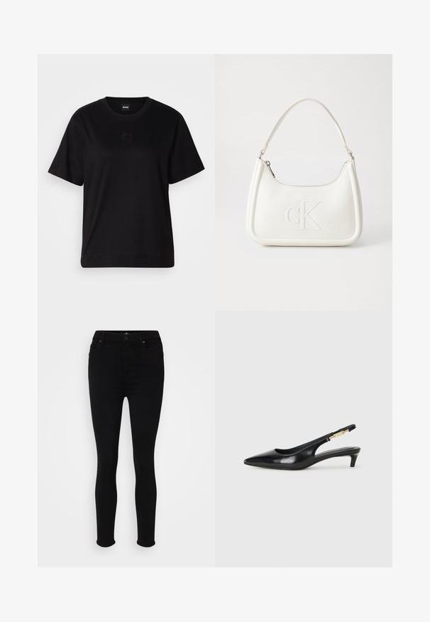 Crna pamučna majica s okruglim izrezom, kratkim rukavima i izvezenim logotipom na prsima. Jednostavan, opušten kroj bez uzorka.; Crne uske traperice od glatkog, rastezljivog materijala, s klasičnim pet džepovima i suptilnim detaljima šivanja.; Crne kožne sandale s petom, s izduženim vrhom, imaju usku petu i zlatni akcent na podesivoj traci. Glatka tekstura.; Bijela kožna torba s zakrivljenim oblikom, koja na prednjoj strani ima utisnut logotip "CK" i jedan remen za nošenje preko ramena. Zatvaranje na munju na vrhu.