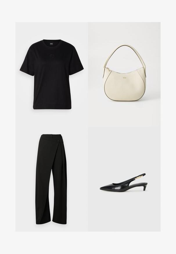 Svart bomull T-skjorte med rund hals, korte ermer og et brodert logo på brystet. Enkel, avslappet passform uten mønstre.; Sorte vide bukser med en frontindpakningspanele og en knaplukning i taljen, vist mod en hvid baggrund.; Sorte lærreim hæler med spiss tå, som har en slank hæl og en gullfarget detalj på den justerbare stroppen. Glatt tekstur.; Kremfarget håndveske med teksturert overflate, buet form, kort håndtak og gullfarget logo. Glidelås lukking på toppen.