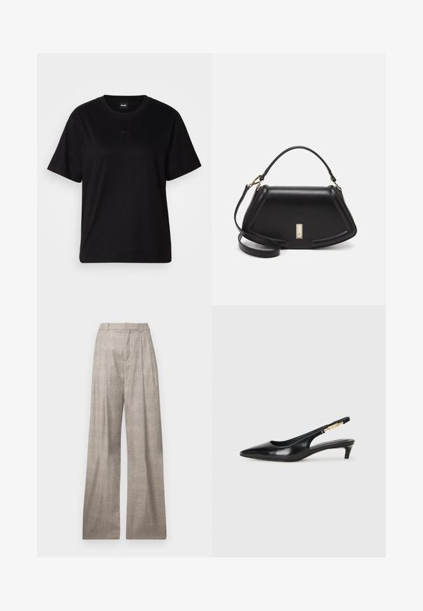 Camiseta de algodón negra con cuello redondo, mangas cortas y un logo bordado en el pecho. Ajuste simple y relajado sin patrones.; Pantalones de pierna ancha en gris claro, con un sutil patrón de pata de gallo, pliegues, pasadores para cinturón y una textura suave.; Tacones negros de piel sintética tipo slingback con punta afilada, que cuentan con un tacón delgado y un detalle en tono dorado en la correa ajustable. Textura suave.; Bolso de mano de cuero negro con un diseño estructurado, que presenta una forma recortada, asa superior y acentos en dorado. Correa de hombro ajustable incluida.