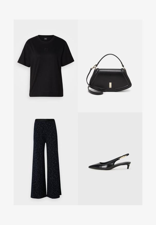 Schwarzes Baumwoll-T-Shirt mit Rundhalsausschnitt, kurzen Ärmeln und aufgesticktem Logo auf der Brust. Einfacher, lässiger Schnitt ohne Muster.; Mads Nørgaard COTTON SPACE VERAN PANTS - Stoffhose - multi midnight; Schwarze Leder-Slingback-Pumps mit spitzem Schuhblatt, ausgestattet mit einem schlanken Absatz und einem goldfarbigen Akzent am verstellbaren Riemen. Glatte Textur.; Schwarze Lederhandtasche mit einem strukturierten Design, das eine verkürzte Form, einen oberen Griff und goldfarbene Hardware-Details aufweist. Verstellbarer Schulterriemen ist enthalten.