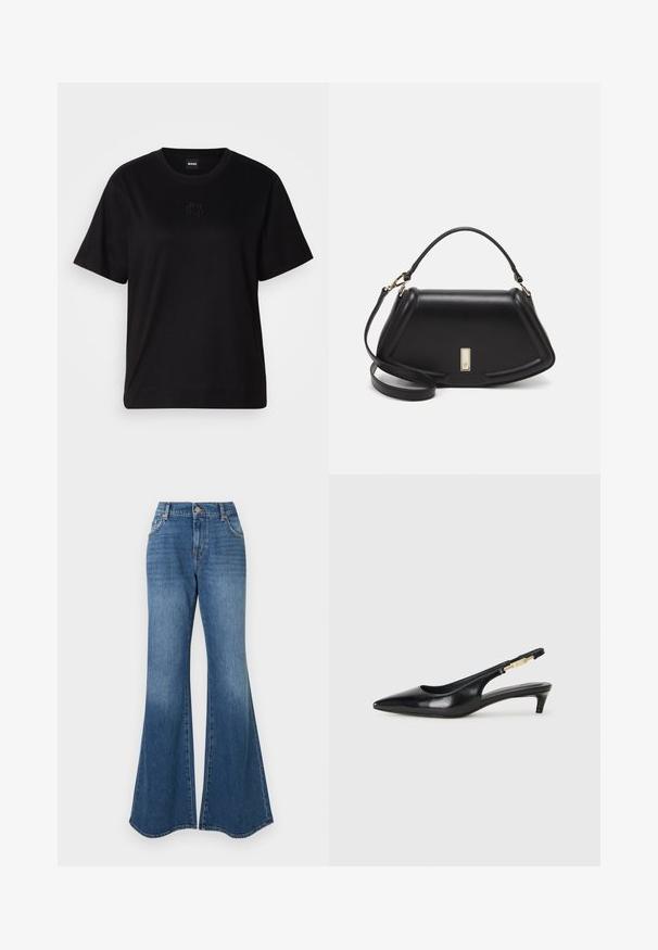 Black cotton t-shirt with a crew neckline, short sleeves, and an embroidered logo on the chest. Simple, relaxed fit with no patterns.; Blue flared jeans featuring a classic denim material, high waist, and subtle fading with a wide ankle opening, no visible embellishments.; Black leather slingback heels with a pointed toe, featuring a slim heel and a gold-tone accent on the adjustable strap. Smooth texture.; Black leather handbag with a structured design, featuring a cropped shape, top handle, and gold hardware accent. Adjustable shoulder strap included.