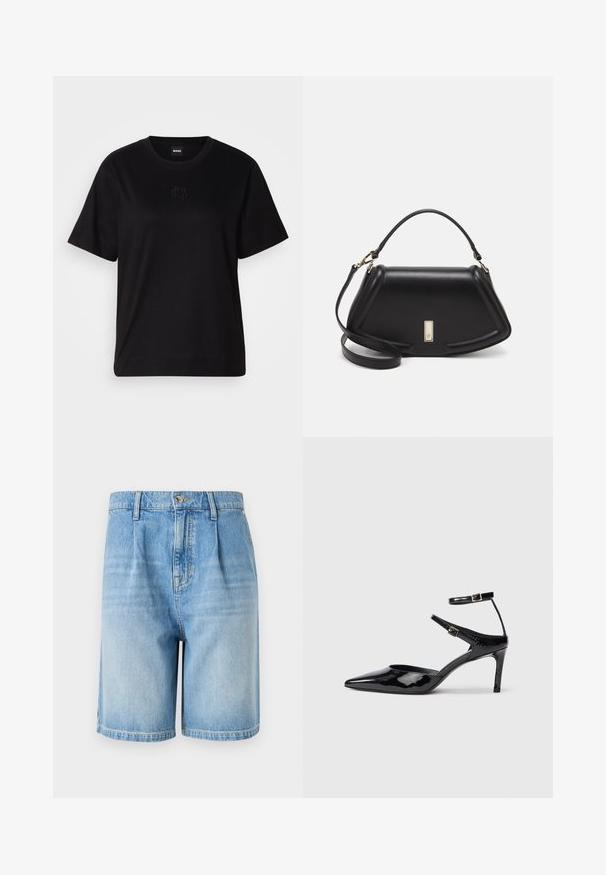 Camiseta de algodón negra con cuello redondo, mangas cortas y un logo bordado en el pecho. Ajuste simple y relajado sin patrones.; Pantalones cortos de mezclilla azul claro con un corte relajado, que cuentan con un cierre de botón, dos bolsillos frontales y un dobladillo recto. Textura deslavada en todo su alrededor.; Tacones de charol negros con puntera puntiaguda, correas ajustables en el tobillo y un tacón delgado. Textura suave con un acabado brillante.; Bolso de mano de cuero negro con un diseño estructurado, que presenta una forma recortada, asa superior y acentos en dorado. Correa de hombro ajustable incluida.