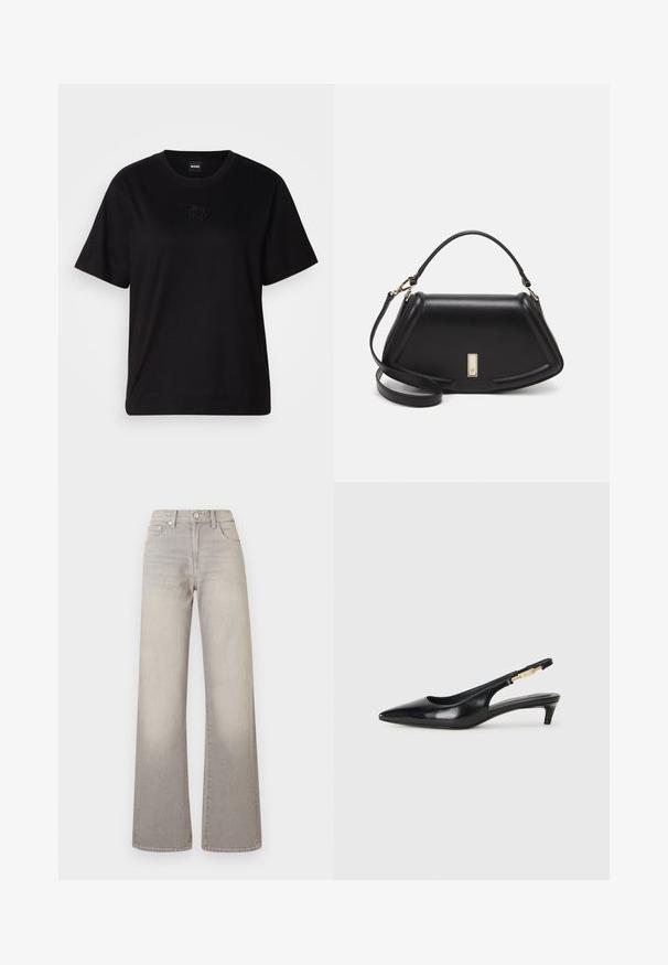 Black cotton t-shirt with a crew neckline, short sleeves, and an embroidered logo on the chest. Simple, relaxed fit with no patterns.; Gray wide-leg jeans with a faded finish, button closure, five-pocket design, and stitched detailing along the seams.; Black leather slingback heels with a pointed toe, featuring a slim heel and a gold-tone accent on the adjustable strap. Smooth texture.; Black leather handbag with a structured design, featuring a cropped shape, top handle, and gold hardware accent. Adjustable shoulder strap included.