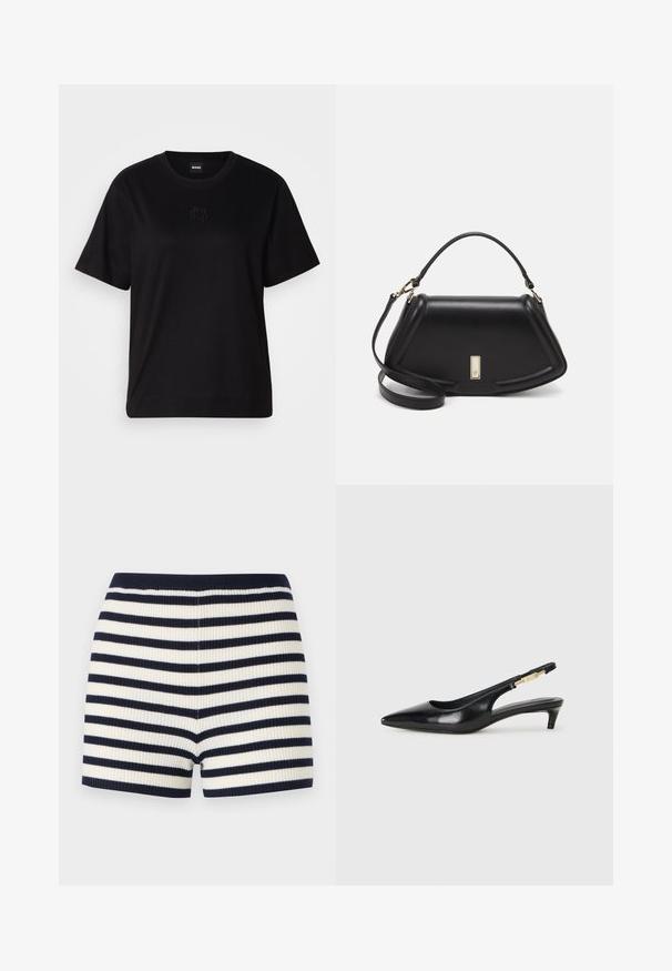 Black cotton t-shirt with a crew neckline, short sleeves, and an embroidered logo on the chest. Simple, relaxed fit with no patterns.; Ribbed shorts in navy and white stripes, featuring a fitted shape and a soft texture. The waistband is navy, complementing the pattern.; Black leather slingback heels with a pointed toe, featuring a slim heel and a gold-tone accent on the adjustable strap. Smooth texture.; Black leather handbag with a structured design, featuring a cropped shape, top handle, and gold hardware accent. Adjustable shoulder strap included.