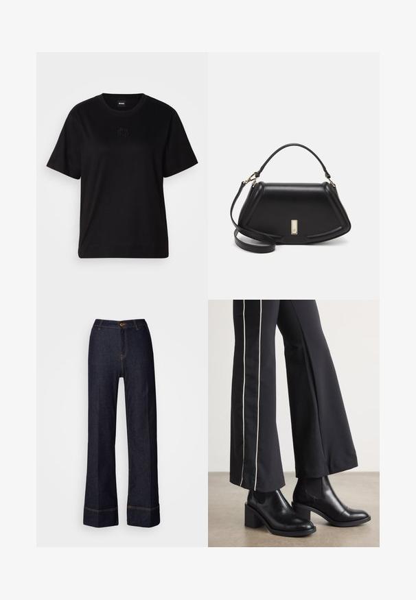 Black cotton t-shirt with a crew neckline, short sleeves, and an embroidered logo on the chest. Simple, relaxed fit with no patterns.; Dark denim wide-leg pants with a high waist, featuring a front button closure and orange stitching accents. Smooth texture throughout.; Black leather ankle boots with a block heel, featuring elastic side panels. Paired with black pants that have a white side stripe.; Black leather handbag with a structured design, featuring a cropped shape, top handle, and gold hardware accent. Adjustable shoulder strap included.