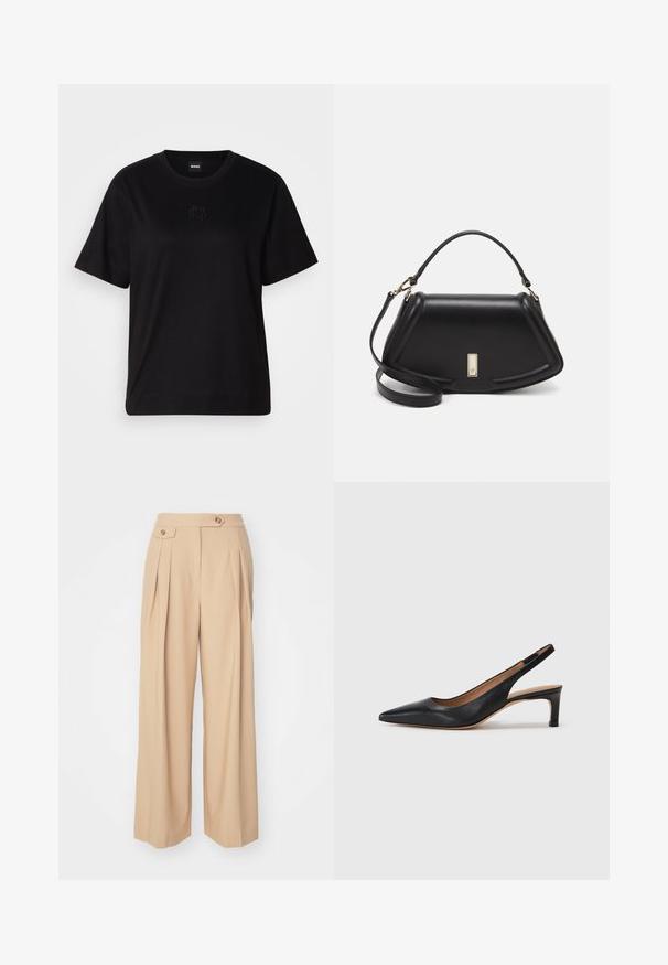 Black cotton t-shirt with a crew neckline, short sleeves, and an embroidered logo on the chest. Simple, relaxed fit with no patterns.; Beige wide-leg trousers with two front pleats, two buttons at the waistband, and a smooth, textured fabric. No visible pockets.; Black leather slingback pump with a pointed toe, low heel, and a smooth texture. Features a thin adjustable strap for a secure fit.; Black leather handbag with a structured design, featuring a cropped shape, top handle, and gold hardware accent. Adjustable shoulder strap included.