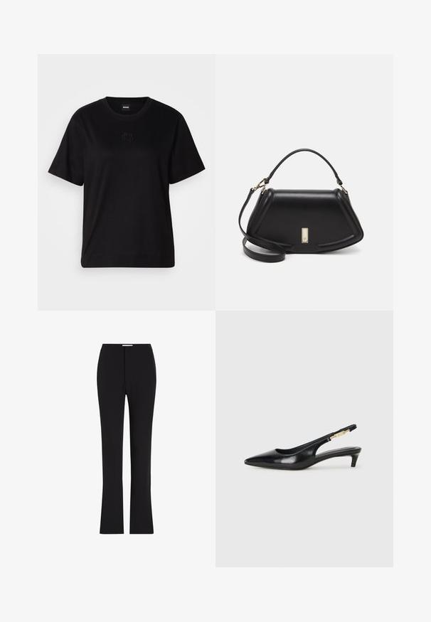 Black cotton t-shirt with a crew neckline, short sleeves, and an embroidered logo on the chest. Simple, relaxed fit with no patterns.; Black, tailored trousers with a flared leg; made from smooth fabric; features front pockets; minimalistic design with no visible patterns.; Black leather slingback heels with a pointed toe, featuring a slim heel and a gold-tone accent on the adjustable strap. Smooth texture.; Black leather handbag with a structured design, featuring a cropped shape, top handle, and gold hardware accent. Adjustable shoulder strap included.