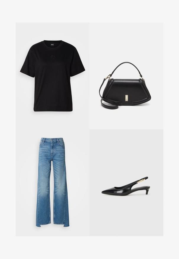 Black cotton t-shirt with a crew neckline, short sleeves, and an embroidered logo on the chest. Simple, relaxed fit with no patterns.; Light blue wide-leg jeans with a high waist, features fading, five pockets, and a button closure; made of denim with a smooth texture.; Black leather slingback heels with a pointed toe, featuring a slim heel and a gold-tone accent on the adjustable strap. Smooth texture.; Black leather handbag with a structured design, featuring a cropped shape, top handle, and gold hardware accent. Adjustable shoulder strap included.
