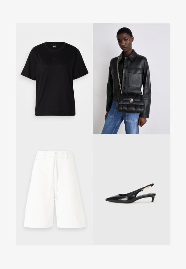 Zwarte katoenen t-shirt met een ronde hals, korte mouwen en een geborduurd logo op de borst. Eenvoudige, comfortabele pasvorm zonder patronen.; Witte denim culottes met een middelhoge taille, een voorste strikdetail en een brede pijp. Een eenvoudig ontwerp zonder zichtbare patronen of versieringen.; Zwarte leren slingback hakken met een spitse neus, voorzien van een slanke hak en een goudkleurige accent op de verstelbare band. Gladde textuur.; Zwarte leren jack met knoopsluiting en twee voorzakken, gecombineerd met een zwarte gevoerde handtas met een gouden sluiting en kettingriem.