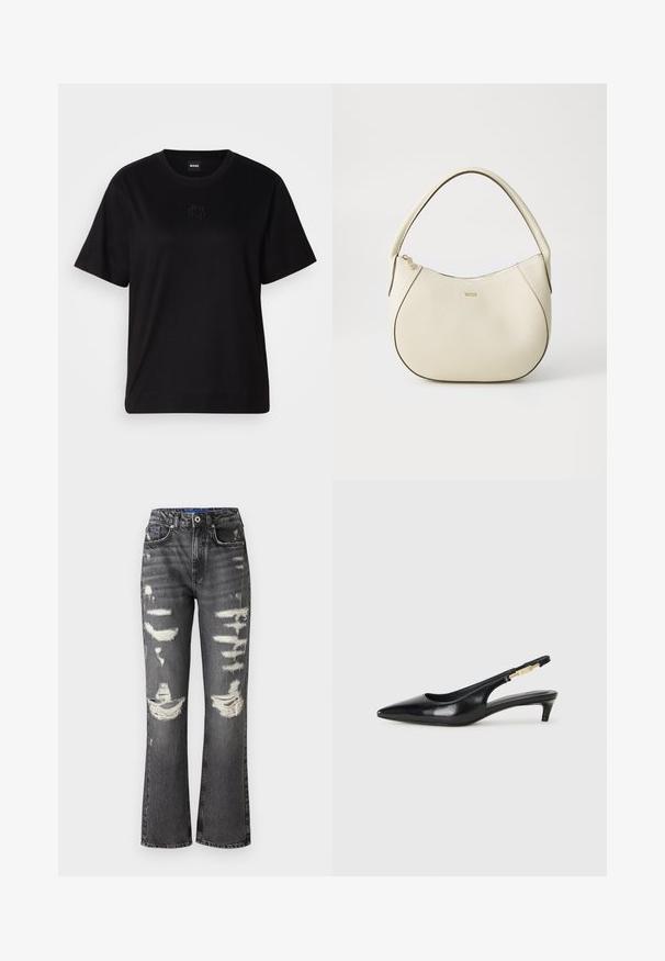 T-shirt de algodão preto com decote redondo, mangas curtas e um logótipo bordado no peito. Corte simples e descontraído, sem padrões.; Jeans pretos desgastados com uma cintura alta, pernas largas e detalhes desfiados. Apresenta múltiplos rasgos e um fecho de botão.; Saltos slingback em couro preto com bico fino, apresentando um salto esguio e um detalhe em tom dourado na alça ajustável. Textura suave.; Saco de mão em tom creme com um acabamento texturizado, forma curva, alça curta e detalhe do logótipo em tom dourado. Fecho com zíper na parte superior.