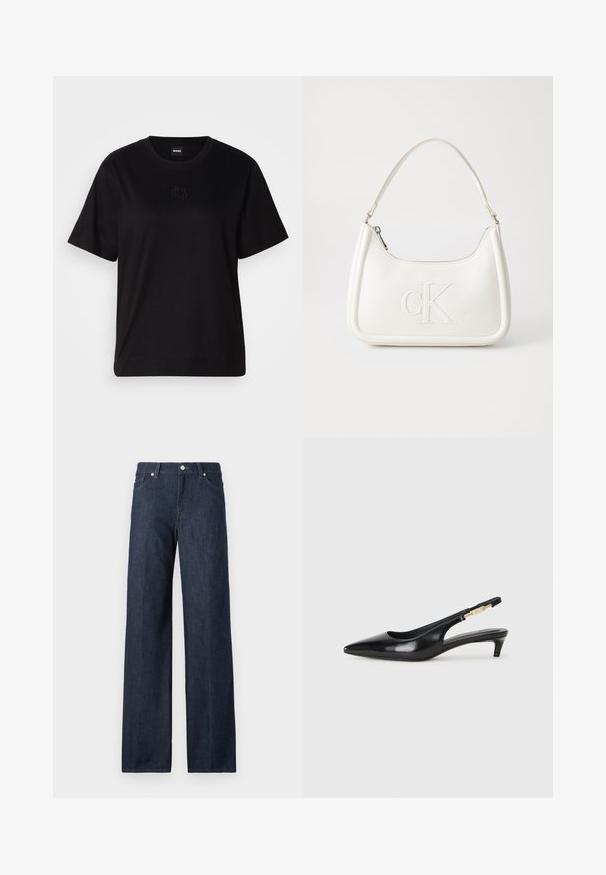 Mustmust särk, millel on ümar kaelus, lühikesed varrukad ja tindiga tikitud logo rinnal. Lihtne, mugav lõige ilma mustriteta.; Tumedat teksasist laiad püksid, millel on kõrge talje, vööklambrid ja klassikaline viie taskuga disain. Sile tekstuur koos õrnade pleekimisega.; Mustad nahast slingback kontsad terava ninaga, millel on õhuke konts ja kuldse tooni aktsent reguleeritaval rihmal. Sile tekstuur.; Valge nahast käekott, millel on kumer kuju, esiküljel on reljeefne "CK" logo ja üks õlavarre rihm. Ülemine tõmblukkuu.