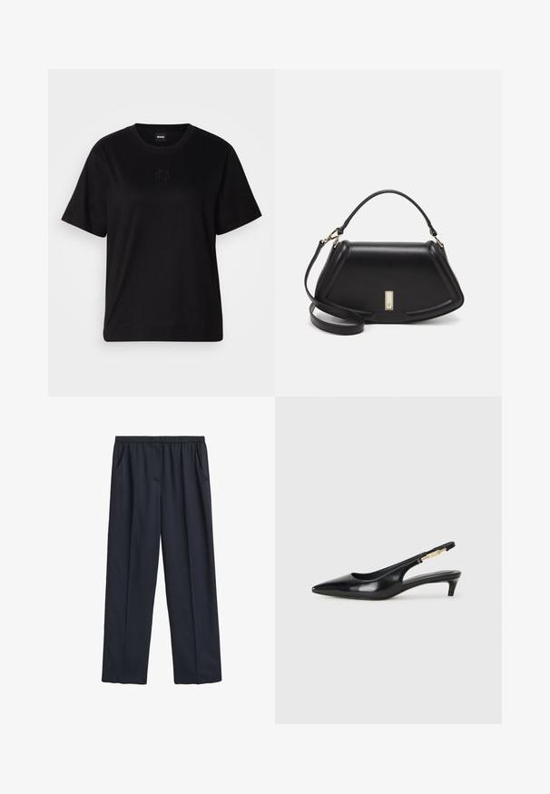 Zwarte katoenen t-shirt met een ronde hals, korte mouwen en een geborduurd logo op de borst. Eenvoudige, comfortabele pasvorm zonder patronen.; Marineblauwe wijde taillebroek met een elastische tailleband, twee zijzakken, een zachte stoftextuur en een vloeiende uitstraling.; Zwarte leren slingback hakken met een spitse neus, voorzien van een slanke hak en een goudkleurige accent op de verstelbare band. Gladde textuur.; Zwarte leren handtas met een gestructureerd ontwerp, featuring een verkorte vorm, bovenhandvat en gouden hardwareaccent. Inclusief verstelbare schouderband.