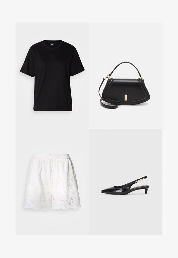 Black cotton t-shirt with a crew neckline, short sleeves, and an embroidered logo on the chest. Simple, relaxed fit with no patterns.; Cras Shorts - white; Black leather slingback heels with a pointed toe, featuring a slim heel and a gold-tone accent on the adjustable strap. Smooth texture.; Black leather handbag with a structured design, featuring a cropped shape, top handle, and gold hardware accent. Adjustable shoulder strap included.